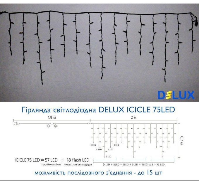 гірлянда зовн DELUX ICICLE 75LED 2x0.7m 18flash мул/чор IP44 - (90012955)