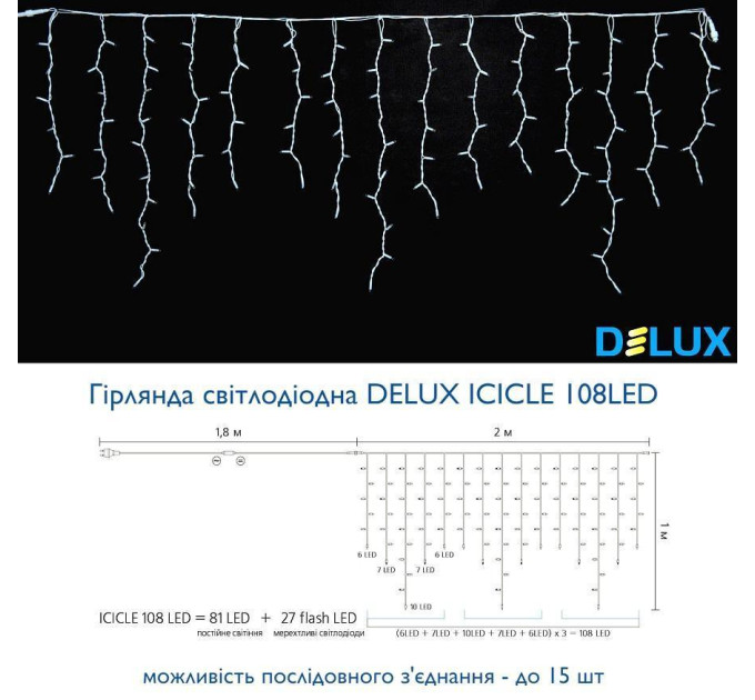 гірлянда зовн DELUX ICICLE 108LED 2x1m 27flash син/біл IP44 - (90012945)