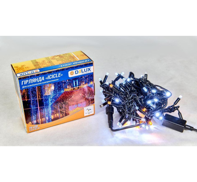 Гірлянда зовнішня DELUX ICICLE 75 LED бахрома 2x0,7m 18 жовтий flash білий/чорний IP44 EN