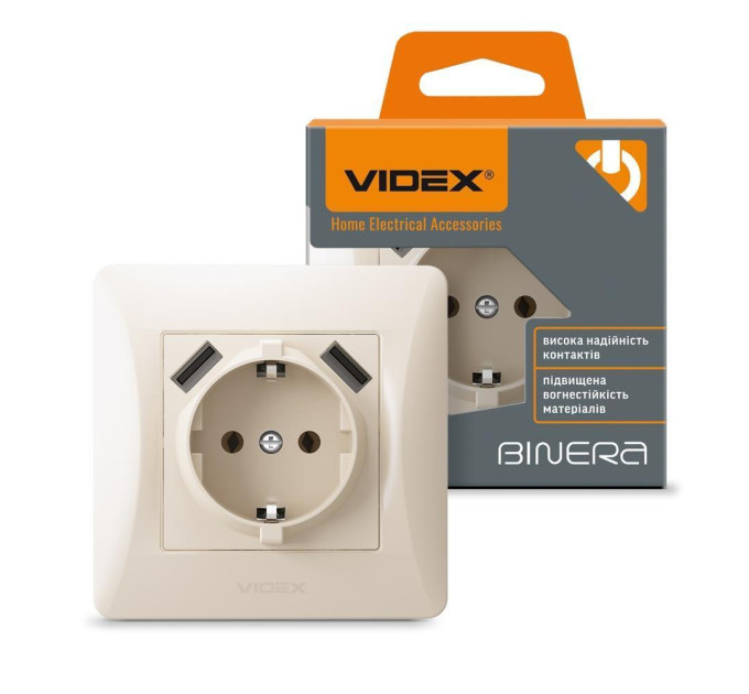 Розетка одинарна із заземленням та 2USB кремова VIDEX BINERA VF-BNSK1GU2-CR - 296029