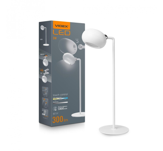 LED лампа настiльна з акумулятором VIDEX VLE-TF18W 3W 3000-5500K Біла VLE-TF18W - 542545