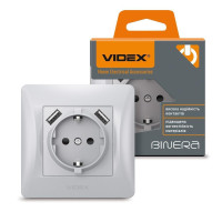 Розетка одинарна із заземленням та 2USB срібний шовк VIDEX BINERA VF-BNSK1GU2-SS - 296982