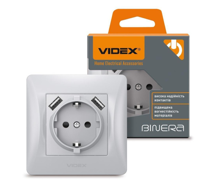 Розетка одинарна із заземленням та 2USB срібний шовк VIDEX BINERA VF-BNSK1GU2-SS - 296982