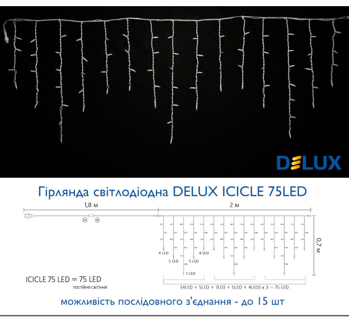 Гірлянда зовнішня DELUX ICICLE 75 LED 2x0.7m білий/білий IP44 EN
