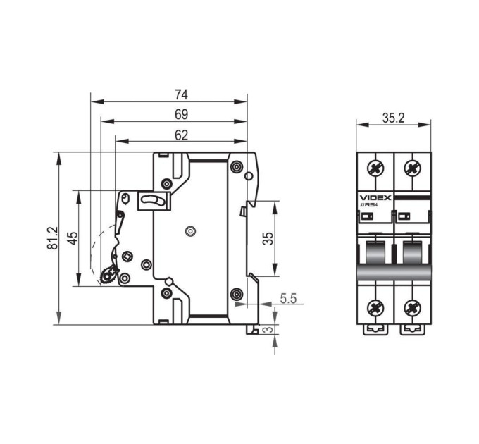 Автоматичний вимикач RS4 2п 25А С 4,5кА VIDEX RESIST VF-RS4-AV2C25 - 481229