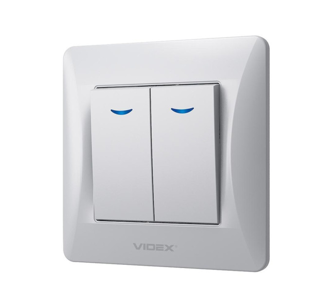 Вимикач двоклавішний з підсвіткою срібний шовк VIDEX BINERA VF-BNSW2L-SS - 296814