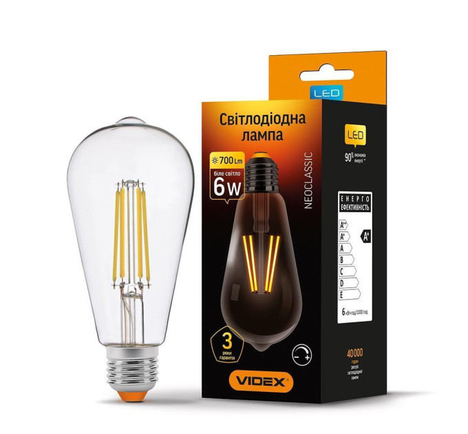 LED лампа VIDEX Filament ST64FD 6W E27 4100K дімерна VL-ST64FD-06274 - 294407