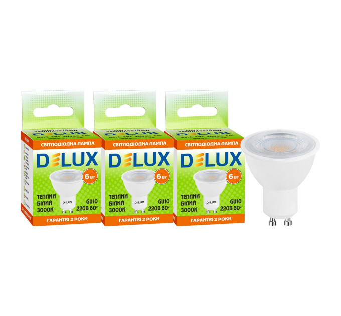 Світлодіод.лампа DELUX GU10 6Вт 60° 3000K 220В GU100 (промо 3 шт)