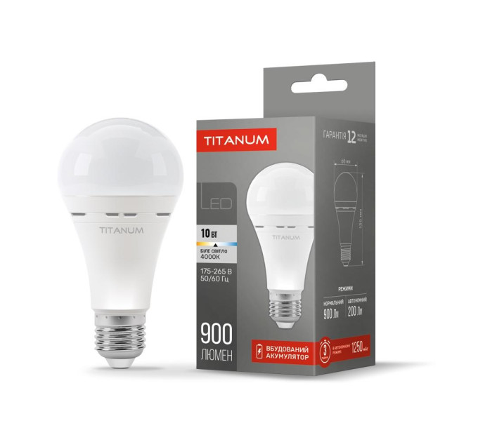 LED лампа акумуляторна TITANUM A68 10W E27 4000K 220V TL-EMA68-10274 - 483582