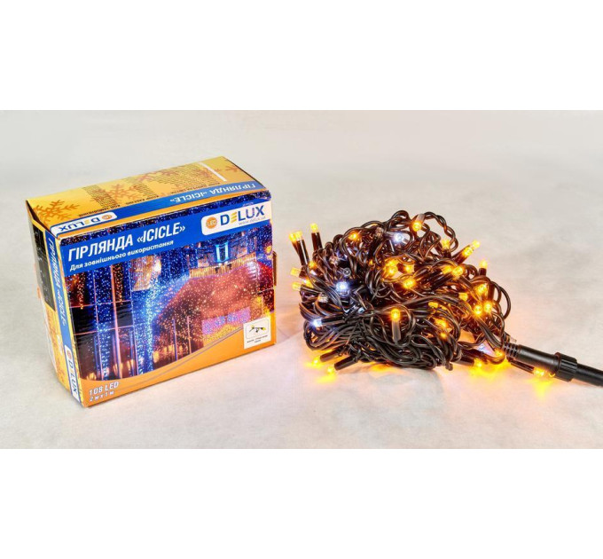 Гірлянда зовнішня DELUX ICICLE 108 LED бахрома 2x1m 27 білий flash жовтий/чорний IP44 EN