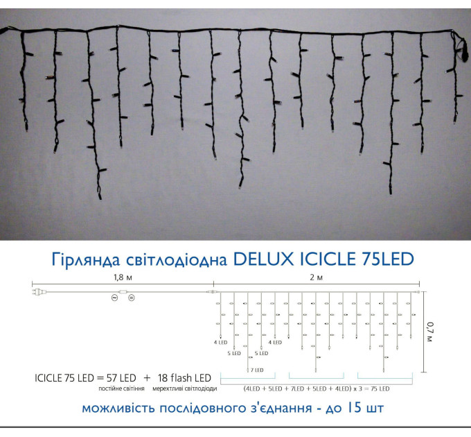 Гірлянда зовнішня DELUX ICICLE 75 LED бахрома 2x0,7m 18 білий flash жовтий/чорний IP44 EN