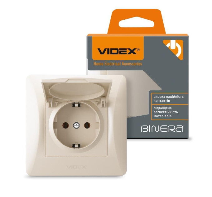 Розетка одинарна із заземленням та кришкою кремова VIDEX BINERA VF-BNSK1GС-CR - 296012