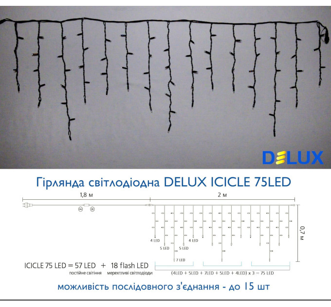 Гірлянда зовнішня DELUX ICICLE 75 LED бахрома 2x0,7m 18 білий flash жовтий/чорний IP44 EN