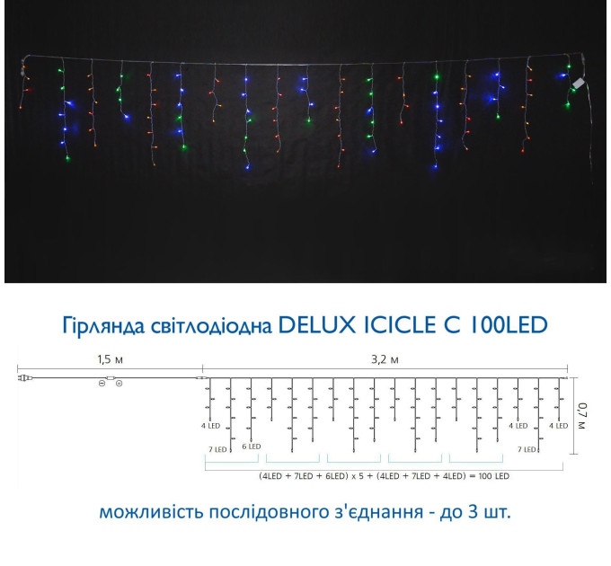 Гірлянда внутрішня DELUX ICICLE С 100 LED бахрома 3,2x0,7m білий/прозорий IP20