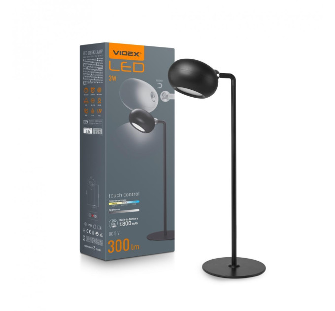 LED лампа настiльна з акумулятором VIDEX VLE-TF18B 3W 3000-5500K Чорна VLE-TF18B - 542552