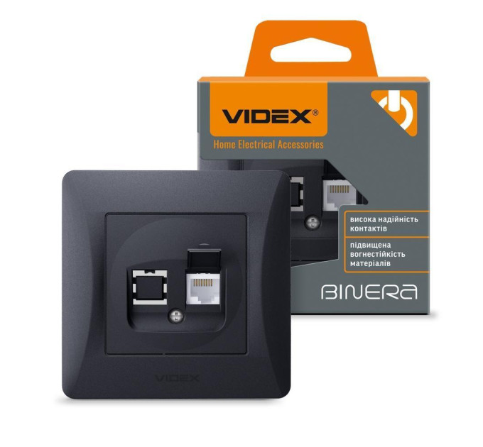 Розетка CAT6 одинарна комп'ютерна чорний графіт VIDEX BINERA VF-BNSK1PC6-BG - 295190