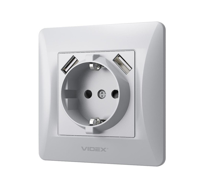 Розетка одинарна із заземленням та 2USB срібний шовк VIDEX BINERA VF-BNSK1GU2-SS - 296982
