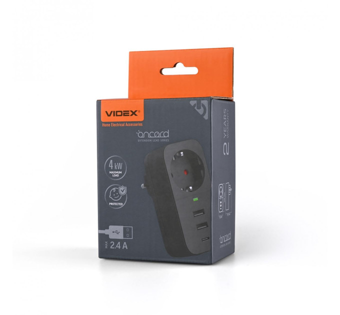 Мережевий адаптер VIDEX ONCORD з/з 1п 2.4A 2USB+USB-C Black VF-AD1G2U1C-B - 484855