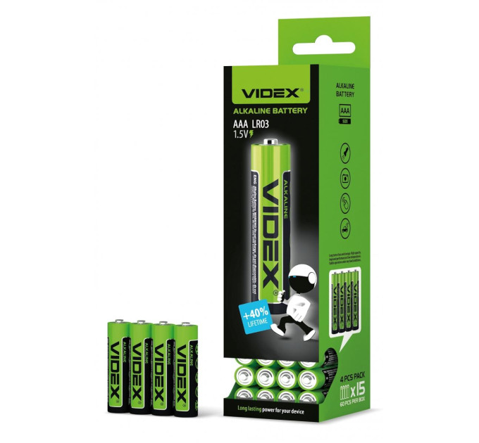 Батарейка лужна Videx LR03/AAA 4шт SHRINK LR03/AAA 4pcs S - 006992 - ціна за 1 шт. 503.00 грн., замовлення кратно блістеру (2/4/5/10шт)