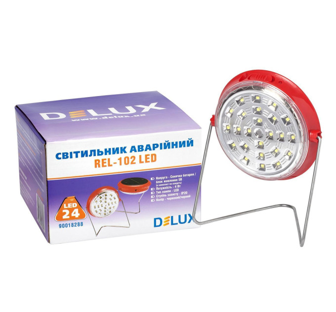 Cвітильник світлодіодний аварійний REL-102 (3,7V1.2Ah) 24 LED 4W с солн пан красн. 120х120х35