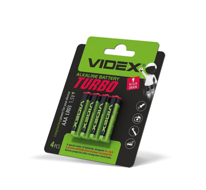 Батарейка лужна Videx LR03/AAA Turbo 4шт BLISTER LR03T/AAA 4B - 482349 - ціна за 1 шт. 20.00 грн., замовлення кратно блістеру (2/4/5/10шт)