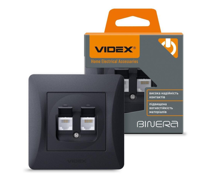 Розетка CAT6+CAT3 подвійна чорний графіт VIDEX BINERA VF-BNSK2PC6TF3-BG - 295626