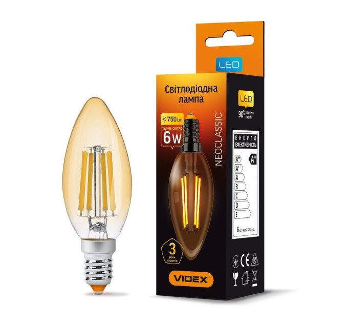 LED лампа VIDEX Filament C37FA 6W E14 2200K бронза