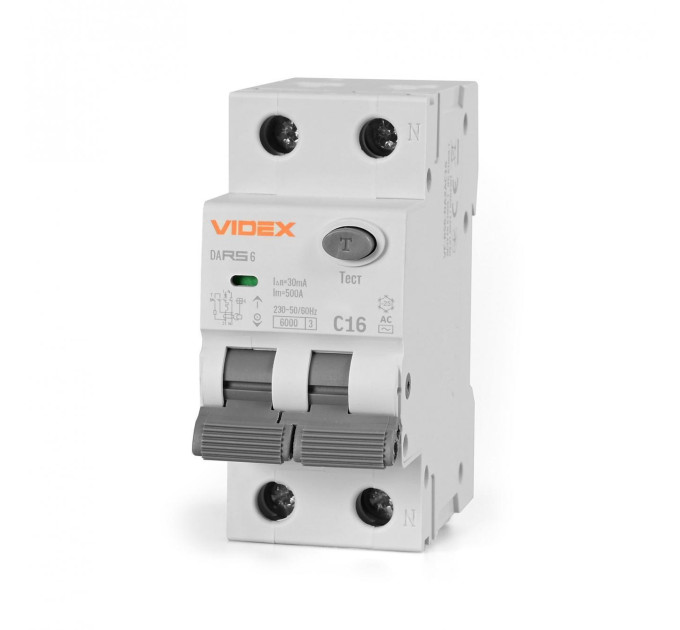 Диференційний автомат VIDEX RESIST АС 2п 30мА 6кА 16А VF-RS6-DA2AC16 - 482769