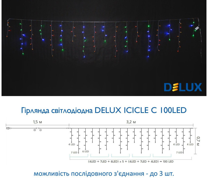 Гірлянда внутрішня DELUX ICICLE С 100 LED бахрома 3,2x0,7m білий/прозорий IP20