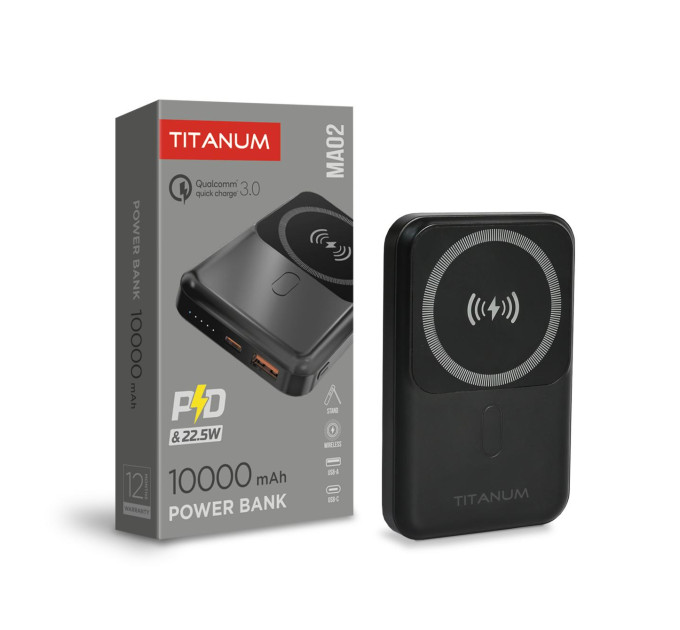 Повербанк з бездротовою зарядкою 10000mAh TITANUM MA02 22.5W Black TPB-MA02-B - 486484