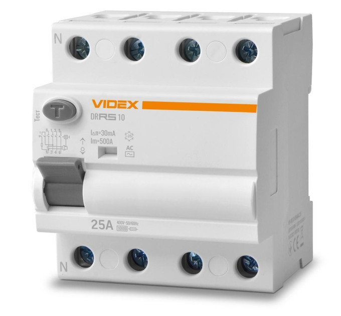 Диференційне реле VIDEX RESIST АС 4п 30мА 10кА 25А VF-RS10-DR4AC25 - 482813