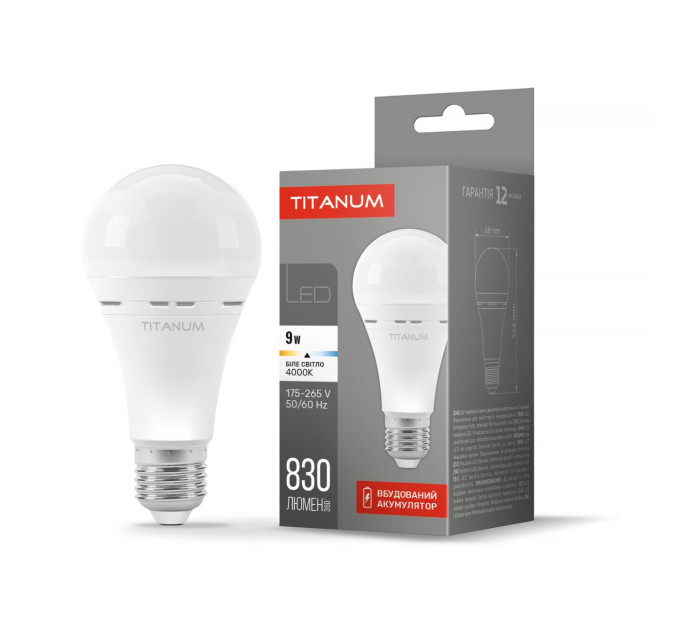 LED лампа акумуляторна TITANUM A68 9W E27 4000K 220V TL-EMA68-09274 - 487405
