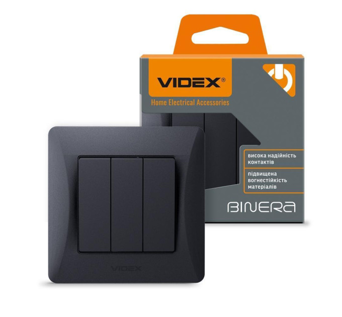 Вимикач трьохклавішний чорний графіт VIDEX BINERA VF-BNSW3-BG - 298535
