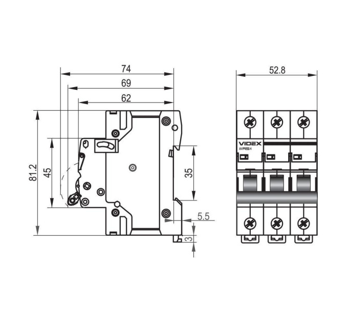 Автоматичний вимикач RS4 3п 20А С 4,5кА VIDEX RESIST VF-RS4-AV3C20 - 481304