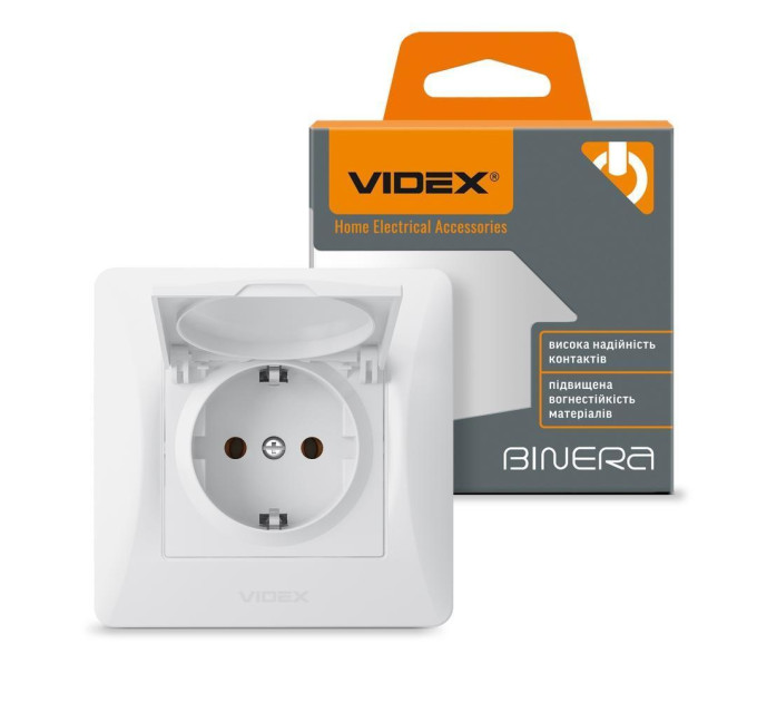 Розетка одинарна із заземленням та кришкою біла VIDEX BINERA VF-BNSK1GС-W - 295077