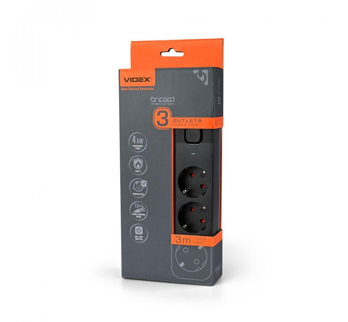 Мережевий подовжувач VIDEX ONCORD з/з 3п 3м (3x1.5мм) з кнопкою Black VF-PD33G-B - 484879