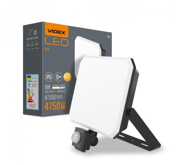LED прожектор VIDEX F3 50W 5000K з датчиком руху 220V Black (VLE-F3-0505B-S) VLE-F3-0505B-S - 542491