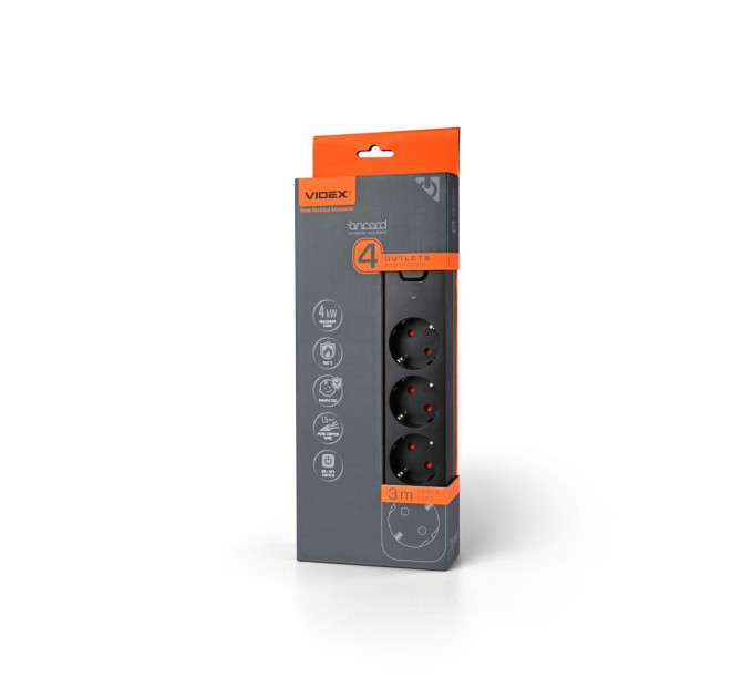 Мережевий подовжувач VIDEX ONCORD з/з 4п 3м (3x1.5мм) з кнопкою Black VF-PD43G-B - 484916