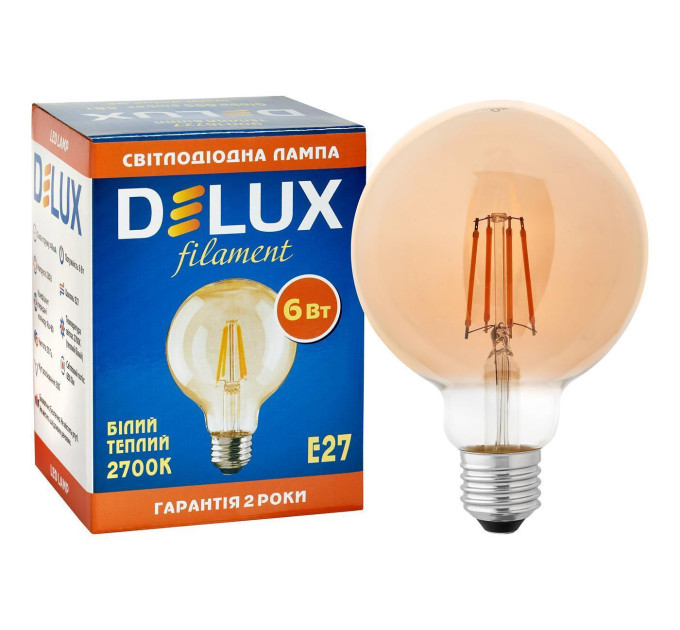 Лампа світлодіодна DELUX G95 6 Вт 2700K 220В E27 filament