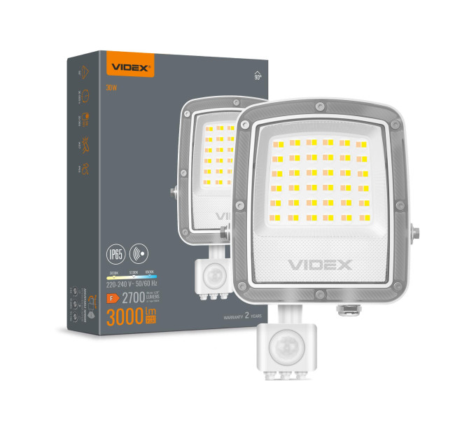LED прожектор VIDEX F5 30W 3000-5000-6500K з датчиком руху 230V White (VL-F5-030CW-S) VL-F5-030CW-S - 400592