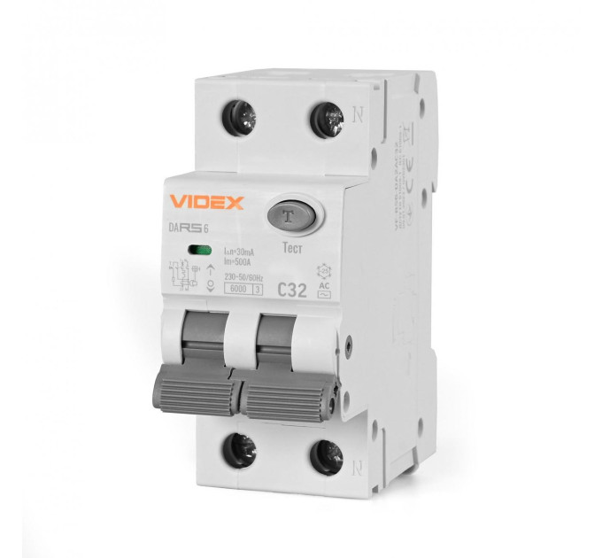 Диференційний автомат VIDEX RESIST АС 2п 30мА 6кА 32А VF-RS6-DA2AC32 - 482776