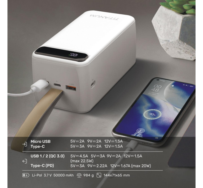 Повербанк 50000mAh TITANUM 741S 22.5W White TPB-741S-W - 484275