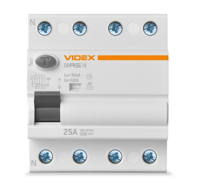 Диференційне реле VIDEX RESIST АС 4п 30мА 10кА 25А VF-RS10-DR4AC25 - 482813