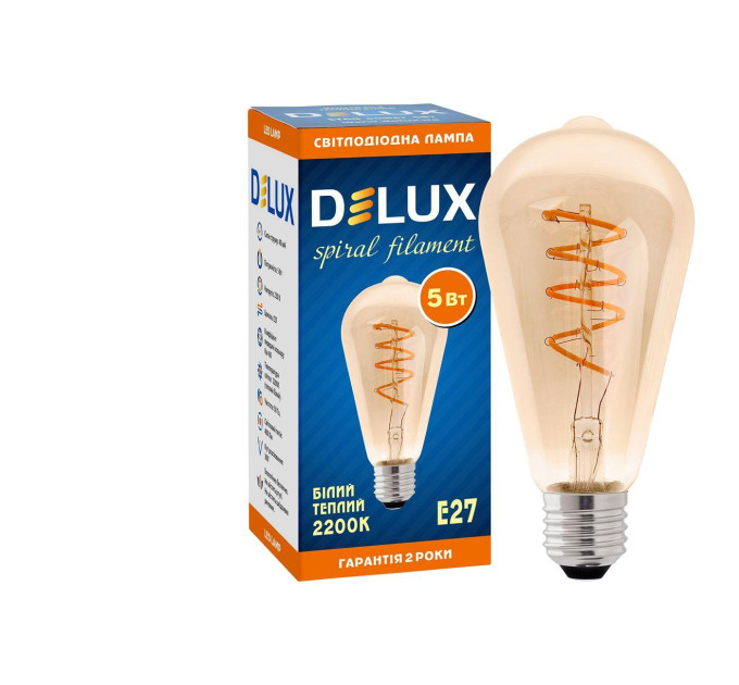 Лампа світлодіодна DELUX ST64 5 Вт 2200K 220В E27 amber spiral filament