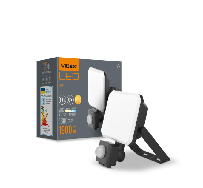 LED прожектор VIDEX F3 20W 5000K з датчиком руху 220V Black (VLE-F3-0205B-S) VLE-F3-0205B-S - 542477
