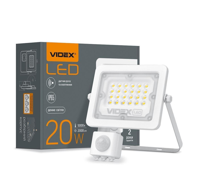 LED прожектор VIDEX F2e 20W 5000K з датчиком руху та освітленості VL-F2e205W-S - 480420