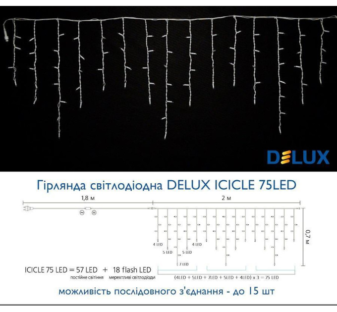 гірлянда зовн DELUX ICICLE 75LED 2x0.7m 18flash син/біл IP44 - (90012957)