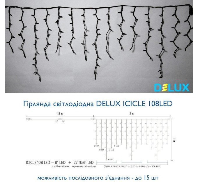 гірлянда зовн DELUX ICICLE 108LED 2x1m 27flash тепл. біл/чор IP44 - (90012947)
