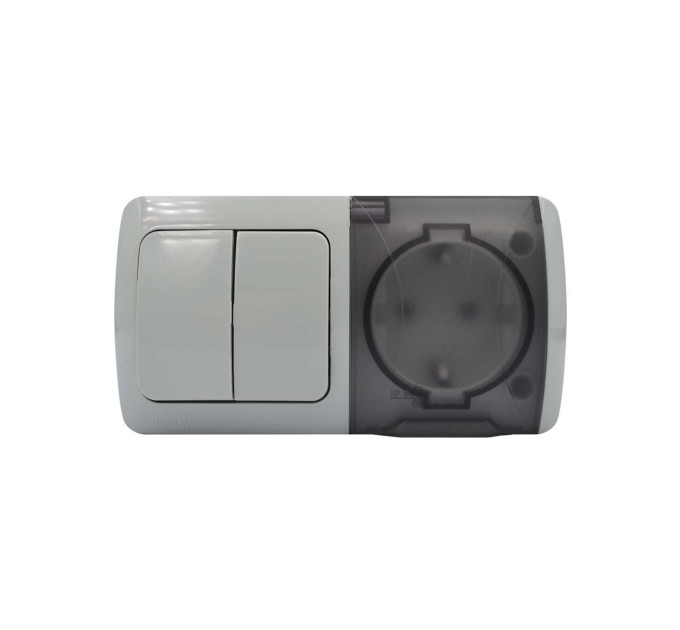 Вимикач EVA сірий 2кл + Розетка з заземленням з кришкою IP54 ( 554-011500-922 )