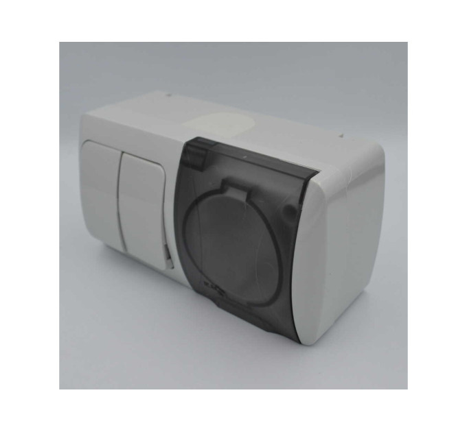 Вимикач EVA сірий 2кл + Розетка з заземленням з кришкою IP54 ( 554-011500-922 )